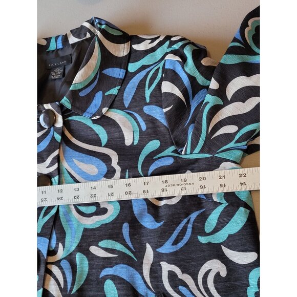 Silk Land Womens Jacket XL Silk Floral Pattern Big Button Lined Blue Black Class - Picture 4 of 9